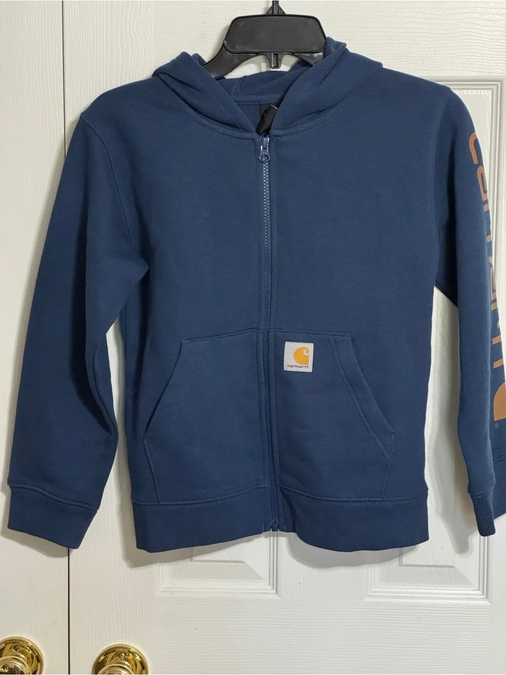 Carhartt Kids Navy Blue Full-Zip Hooded Sweatshirt with Sleeve Logo